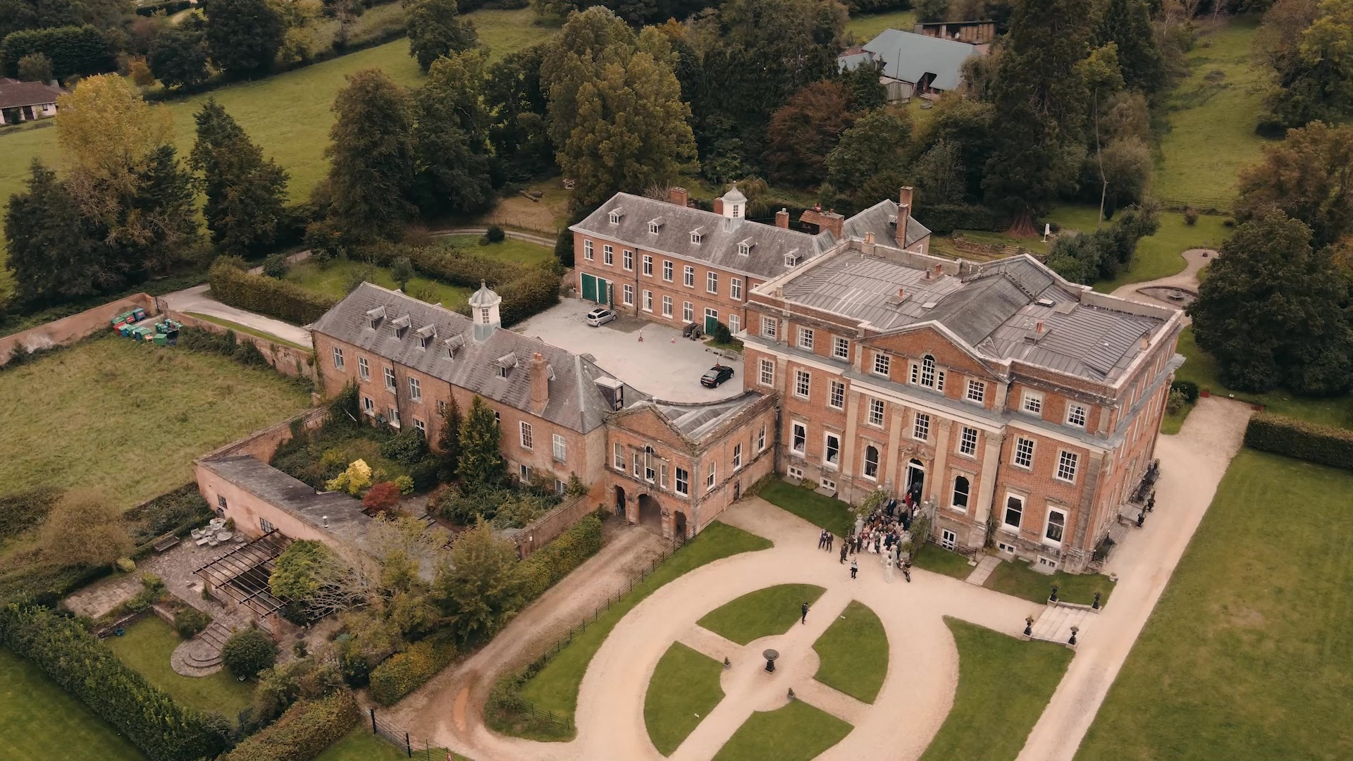Aerial drone footage of a Somerset wedding venue and surrounding countryside