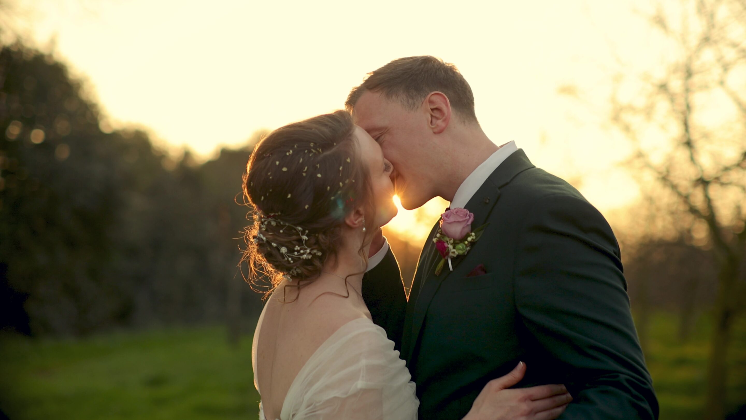 Romantic sunset wedding video shot of bride and groom in Somerset countryside